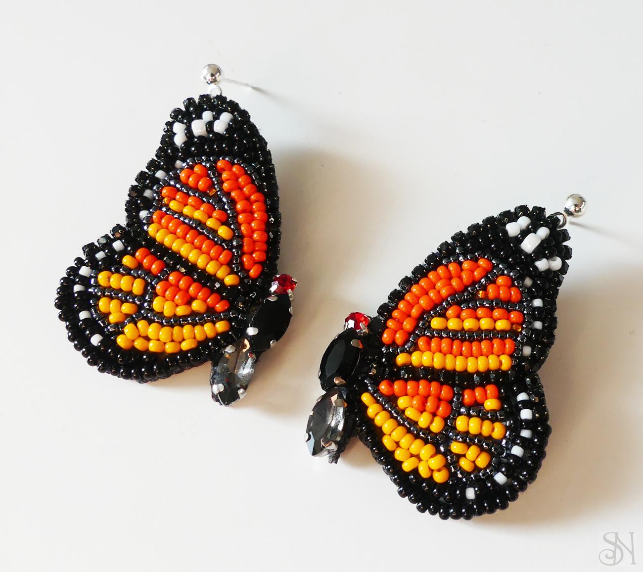 Šité handmade náušnice motýle monarch