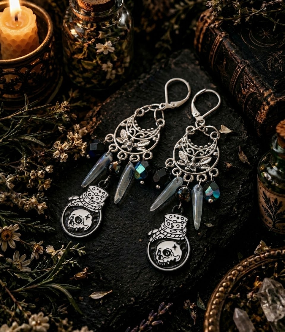 Handmade extravagantné náušnice „Mystický elixír s lebkou“ - chirurgická oceľ