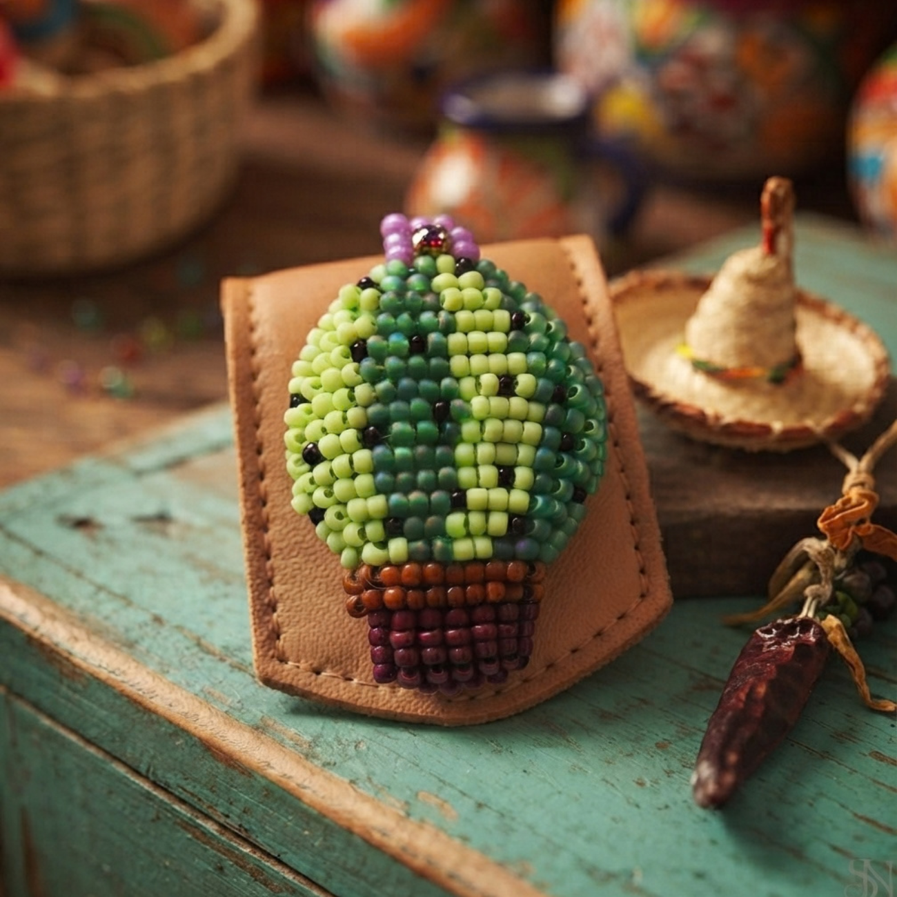 Handmade šitá korálková brošňa kaktus