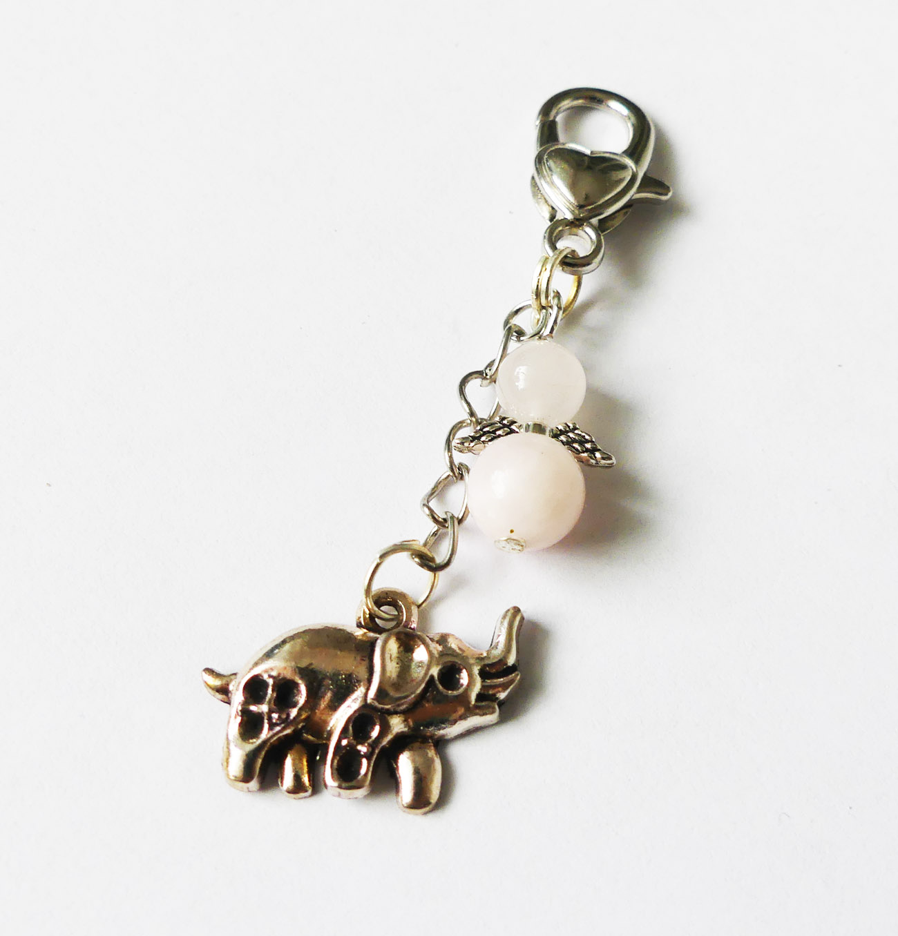 Handmade kľúčenka/prívesok so sloníkom a anjelom z ruženínu a jadeitu