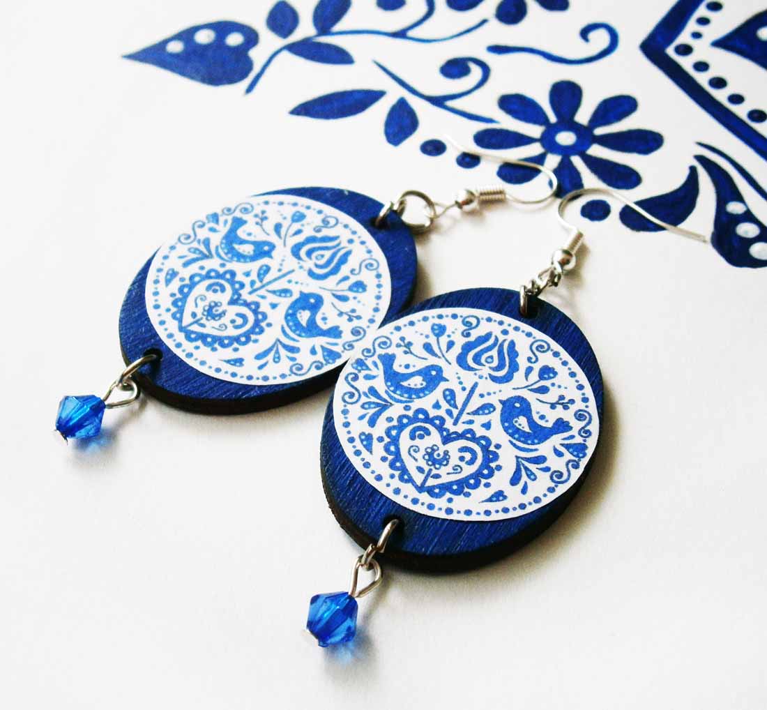 modré folklórne handmade náušnice